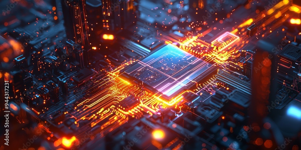 A quantum computer with laser beams crossing through a highly complex circuit board, with glowing particles and a futuristic, clean design. A quantum computer with laser beams crossing through a highly complex circuit board, with glowing particles and a futuristic, clean design.