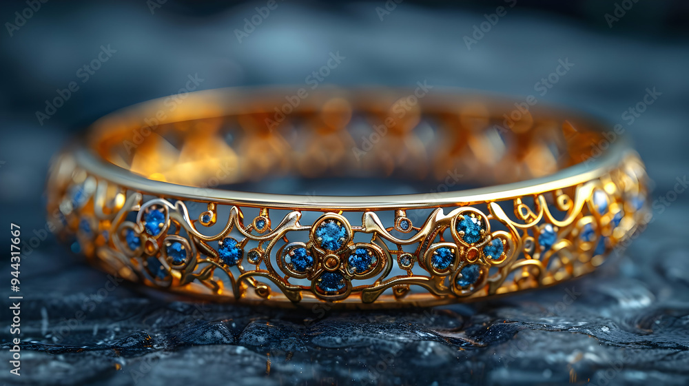 Golden Ring with Blue Gemstones on a Blue and Black Background - Realistic Image Golden Ring with Blue Gemstones on a Blue and Black Background - Realistic Image