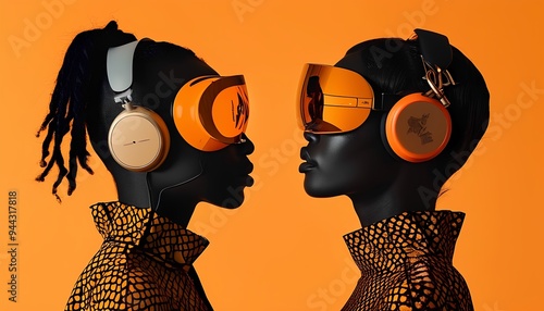 Two black women with bald heads and orange tinted futuristic visors and headphones, one with dreadlocks.  Solid orange background, fashion photography photo