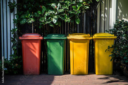 Colorful trash bins for waste management outside home photo