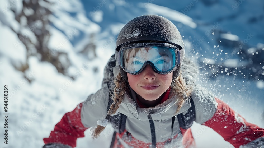 A professional skier mid-jump on a snowy slope, showcasing a Scandinavian woman with braids and goggles, with snow spraying around her against a mountainous backdrop A professional skier mid-jump on a snowy slope, showcasing a Scandinavian woman with braids and goggles, with snow spraying around her against a mountainous backdrop