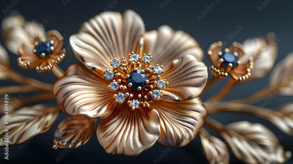 Fototapeta premium Golden Flower Brooch with Blue Sapphires and Diamonds - 3D Illustration