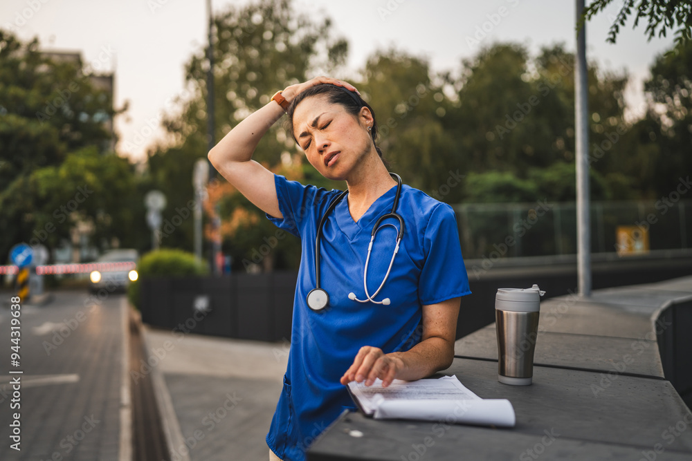 mature japanese doctor have headache after a busy day mature japanese doctor have headache after a busy day
