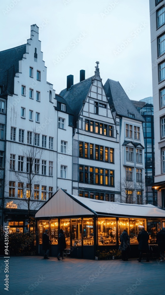 Fototapeta premium Brick-paved street in Col charton, Canada, bustling with people enjoying evening shopping under softly glowing lights from local shops
