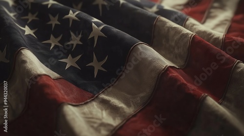 Wallpaper Mural Worn American flag resting on a surface, showcasing its vibrant colors and unique fabric texture under warm lighting Torontodigital.ca