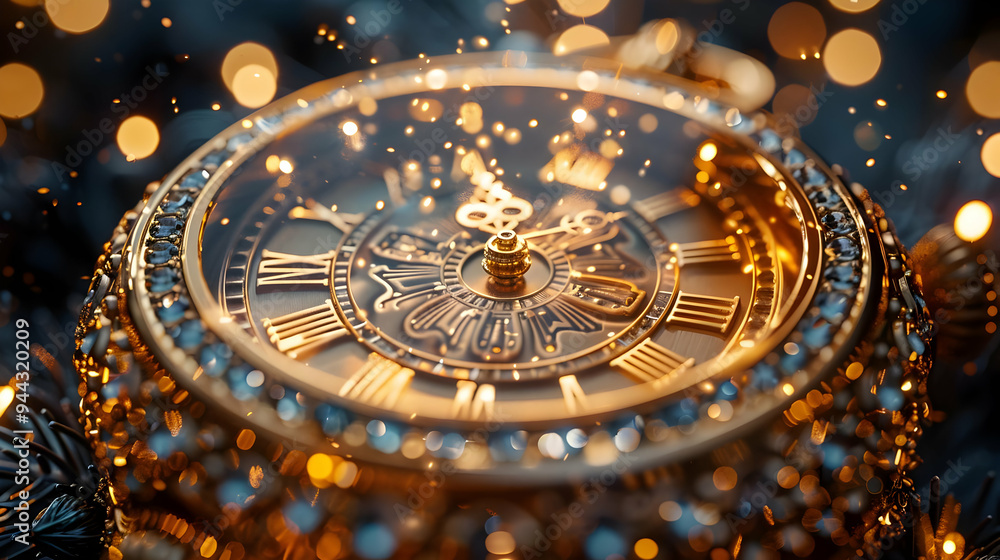 Golden Clock Face with Roman Numerals, Closeup 3D Illustration Golden Clock Face with Roman Numerals, Closeup 3D Illustration