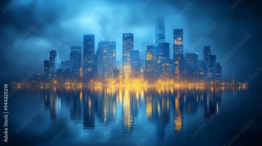 Obraz premium A serene view of an illuminated city skyline at night, with skyscrapers casting golden reflections on the calm waters below amidst a misty atmosphere.