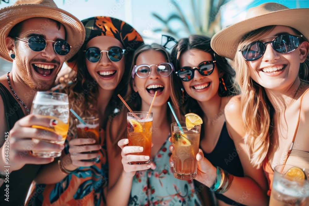 A group of people are smiling and holding drinks, generative ai image A group of people are smiling and holding drinks, generative ai image