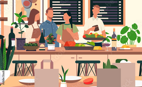 Group of people in kitchen cooking together fresh vegetables plants wine bottles modern interior