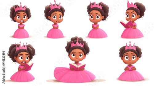 The cartoon black princess girl character expression set features designs of a little kid queen in a pink dress costume and crown, frightened, reading, sad, and smiling. The cartoon character is photo