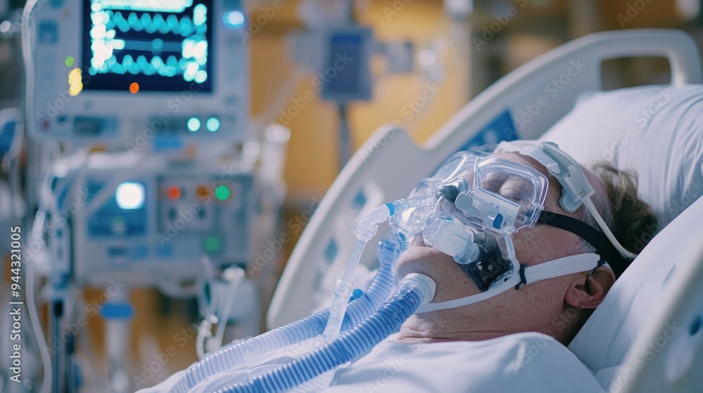 Patient Receiving Oxygen Therapy in Hospital Bed Patient Receiving Oxygen Therapy in Hospital Bed