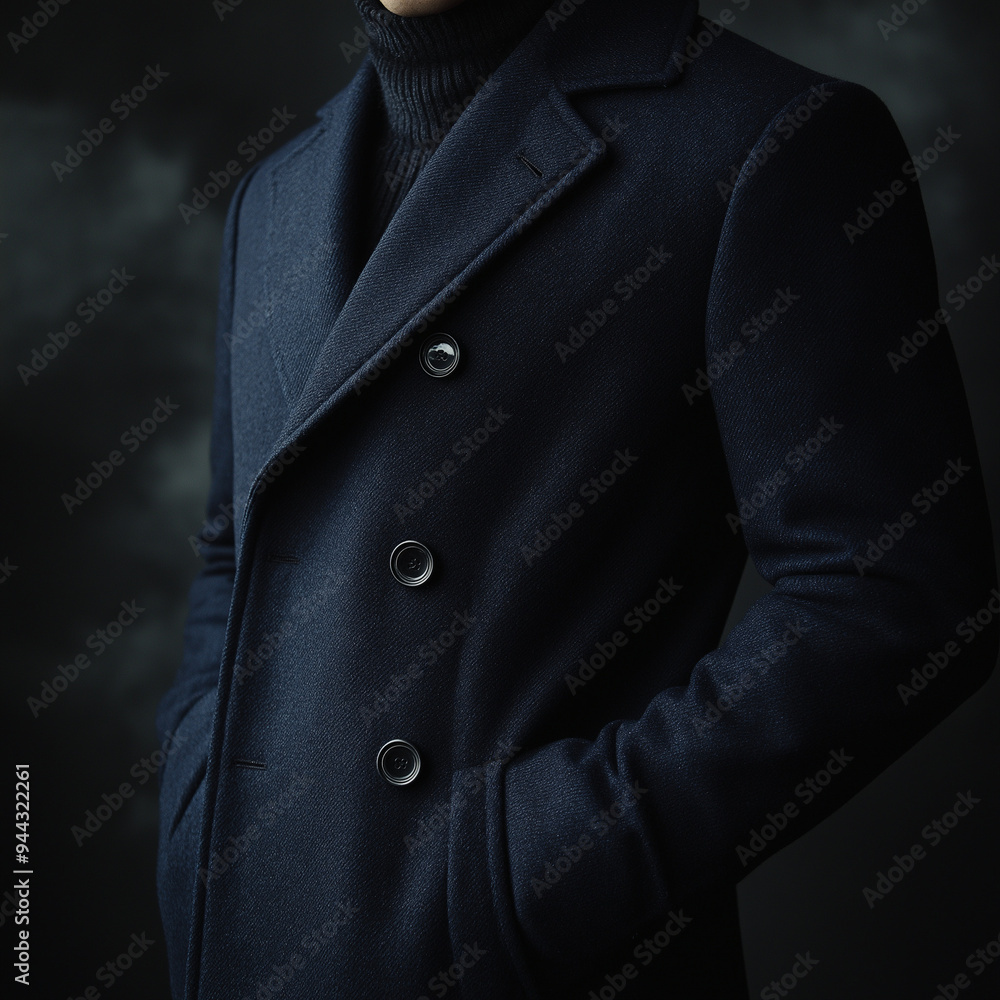 man in long navy coat with hands in pockets man in long navy coat with hands in pockets