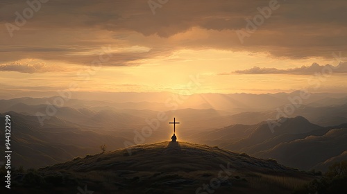 A man kneels in prayer while a cross stands above him, illuminated by golden sunlight filtering through storm clouds over a gentle river below