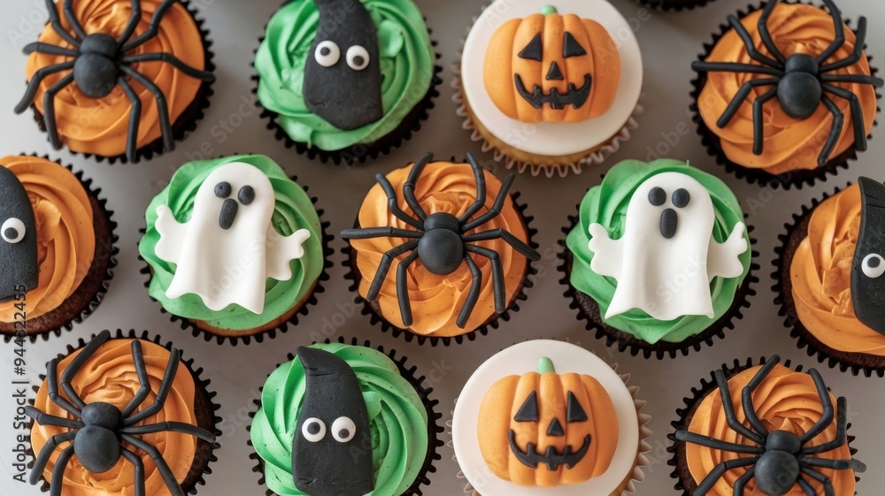 Fototapeta premium A row of Halloween cupcakes with spooky decorations