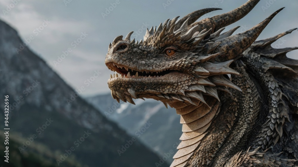 A large, menacing looking dragon with a red eye stares at the camera A large, menacing looking dragon with a red eye stares at the camera