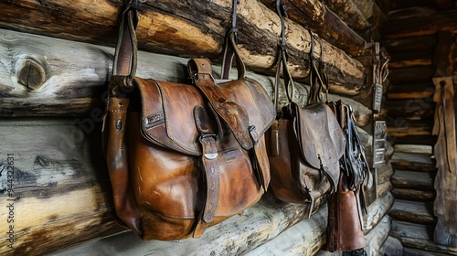 Old leather saddle bags against a log cabin wall