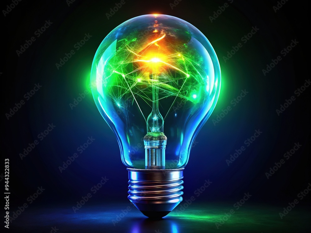 Vibrant neon-lit lightbulb radiates electric blue and green hues, suspended in darkness, emitting a mesmerizing glow, symbolizing innovative ideas and creative energy. Vibrant neon-lit lightbulb radiates electric blue and green hues, suspended in darkness, emitting a mesmerizing glow, symbolizing innovative ideas and creative energy.