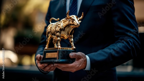 A financial broker in a suit holds a golden bull statuette for the best performance in the market