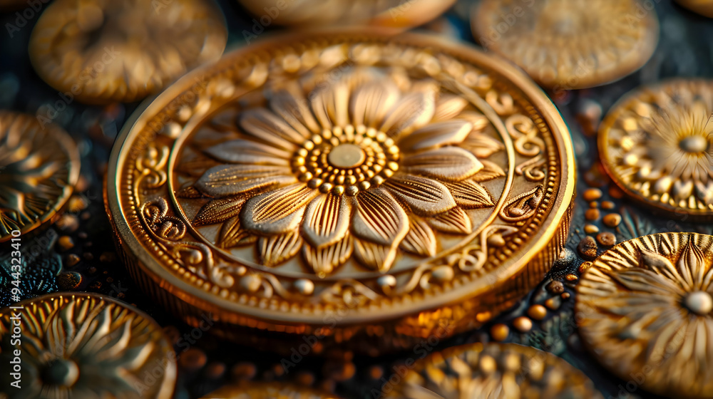 Closeup of a Gold Flower Design on a Coin - Realistic Image Closeup of a Gold Flower Design on a Coin - Realistic Image