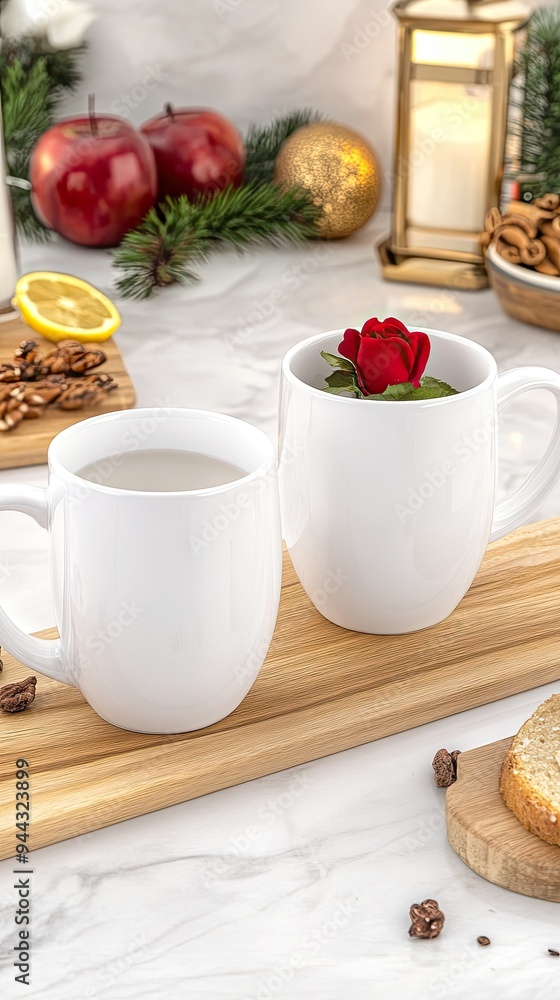 Two white mugs are presented side by side on a soft pink backdrop adorned with a delicate rose flower and greenery, emphasizing a minimalist aesthetic Two white mugs are presented side by side on a soft pink backdrop adorned with a delicate rose flower and greenery, emphasizing a minimalist aesthetic
