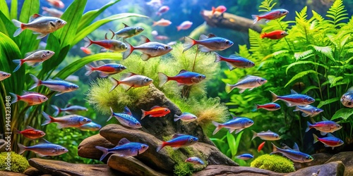 Vibrant neon tetras and angelfish swim harmoniously amidst lush green aquatic plants and decorative driftwood in a well-maintained, crystal-clear freshwater aquarium environment. photo