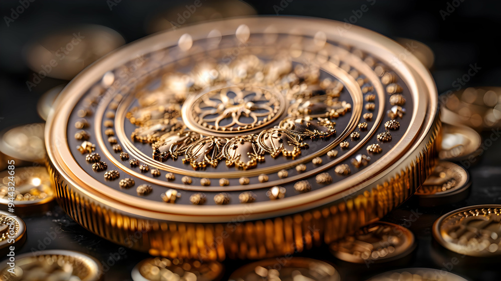 Closeup of a Golden Coin with Intricate Design - 3D Render Closeup of a Golden Coin with Intricate Design - 3D Render