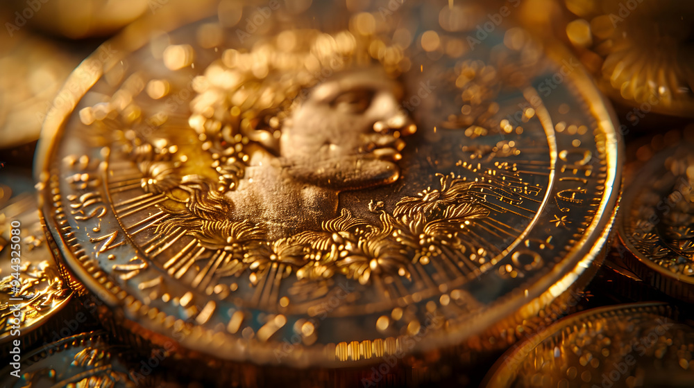 Close-Up Macro Photography of Golden Coin with Intricate Details Close-Up Macro Photography of Golden Coin with Intricate Details