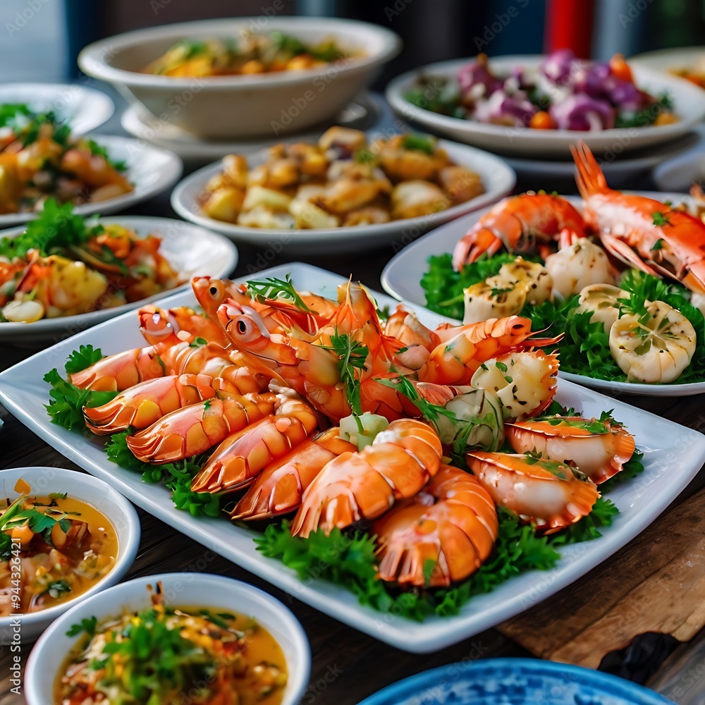 Spicy Korean Ramone with seafood, menu for various seafood dishes, closeup of lobsters and seafood on plate, delicious fresh attractive seafood dishes on the table