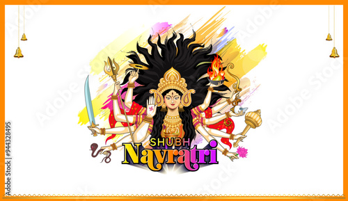 Vector illustration of Durga Puja and Happy navratri festival. Indian hindu goddess durga worship background.