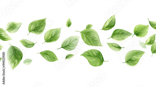 A line of green leaves are scattered across a white background