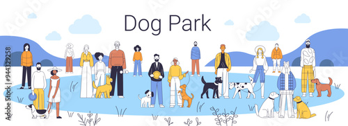 People and dogs in park diverse group outdoor activity nature background minimalistic style colorful clothing various dog breeds social interaction