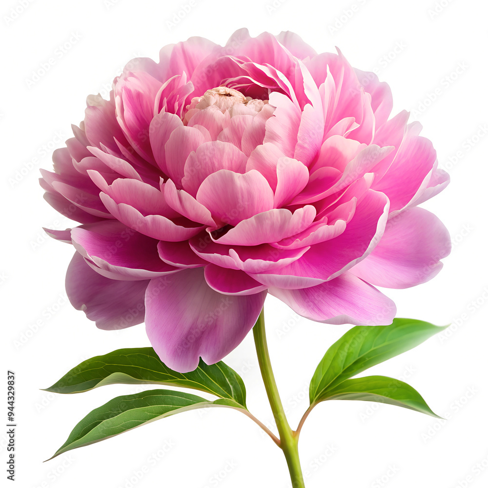 Close-Up of Pink Peony Bloom with Green Leaves on White Background Close-Up of Pink Peony Bloom with Green Leaves on White Background