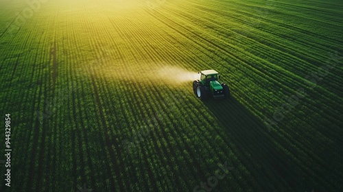 Aerial view of a tractor spraying in verdant wheat fields under a bright light, demonstrating contemporary farming techniques