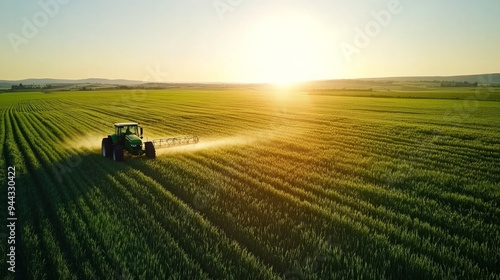 Aerial view of a tractor spraying in verdant wheat fields under a bright light, demonstrating contemporary farming techniques photo