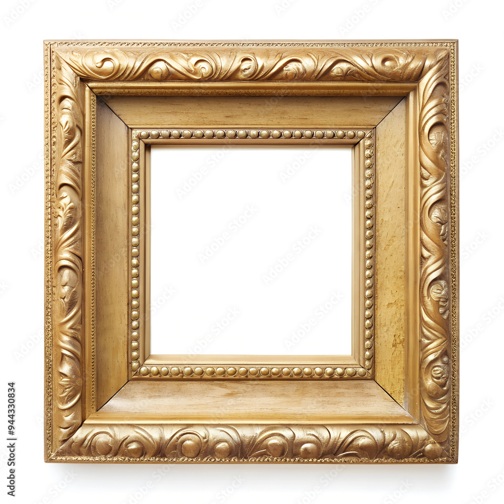 Ornate Golden Picture Frame with Decorative Carvings on White Background Ornate Golden Picture Frame with Decorative Carvings on White Background