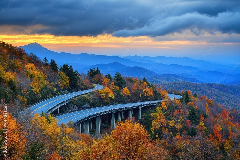 Piedmont NC. Blue Ridge Mountains Landscape featuring Linn Cove Viaduct and Grandfather Mountain Piedmont NC. Blue Ridge Mountains Landscape featuring Linn Cove Viaduct and Grandfather Mountain