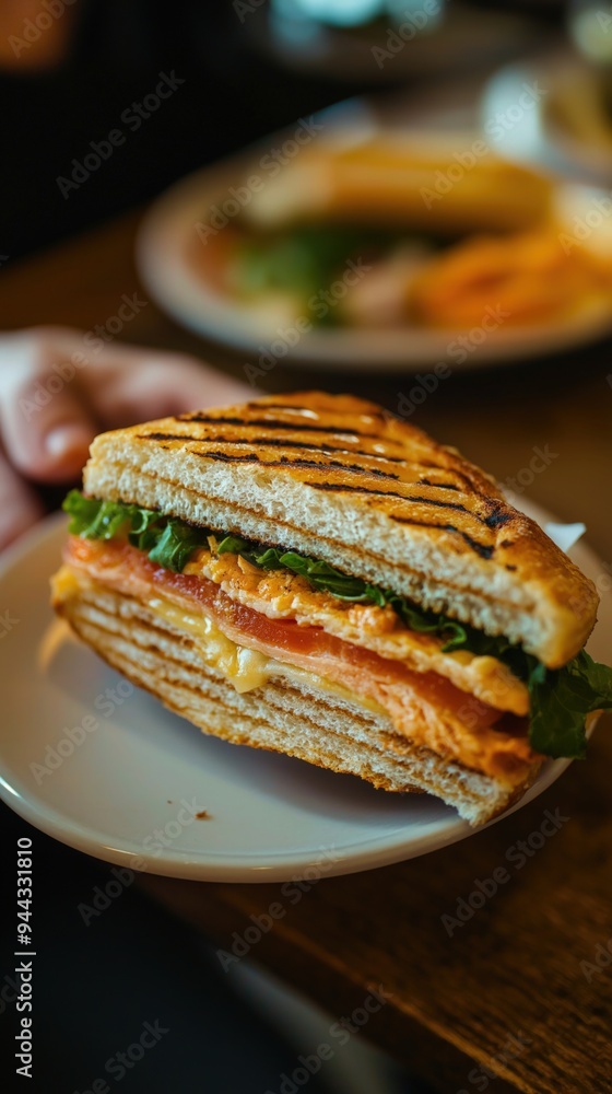 A stacked grilled sandwich with fresh vegetables, cheese, and layers of flavor on a plate A stacked grilled sandwich with fresh vegetables, cheese, and layers of flavor on a plate
