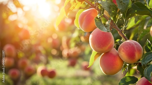 Peaches on a Tree Branch in a Sunny Orchard