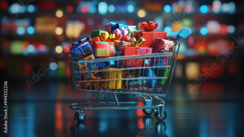 Shopping cart filled to the brim with items and presents, in the spirit of Black Friday.