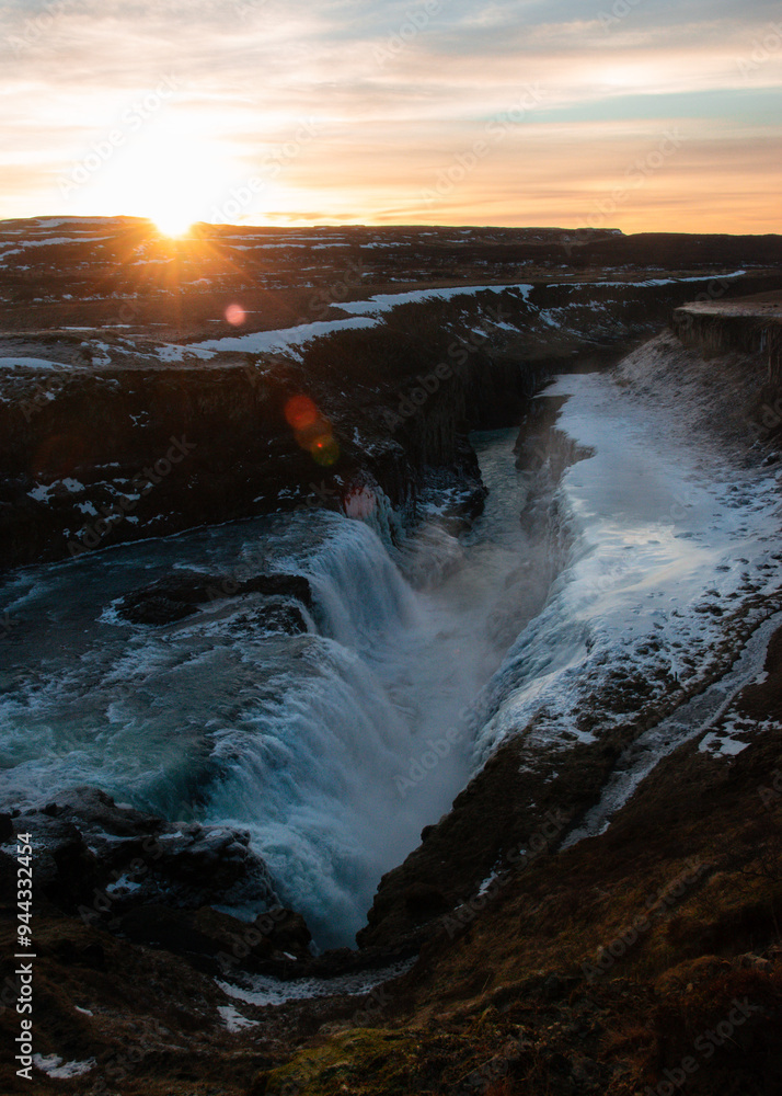 Fototapeta premium Beautiful scenic sunset view of Gullfoss waterfall on the Hvíta river in Iceland. 
