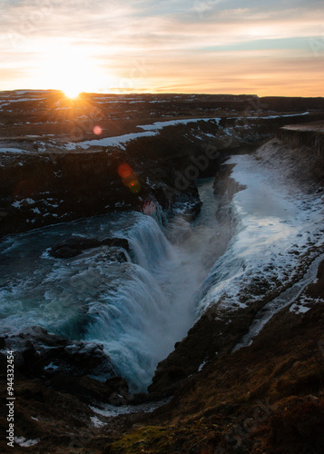 Beautiful scenic sunset view of Gullfoss waterfall on the Hvíta river in Iceland.  photo