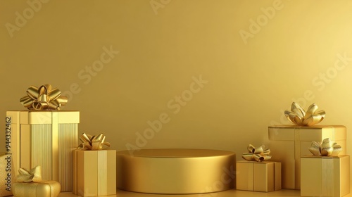 Solid gold background with text space surrounded by golden gift boxes with podiums or pedestals for merchandise or advertising banners, Generative AI. photo