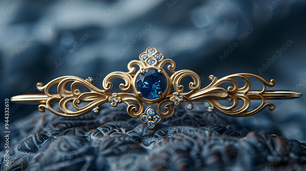 Gold Brooch with Blue Gemstone and Diamonds - Jewelry Photography Gold Brooch with Blue Gemstone and Diamonds - Jewelry Photography