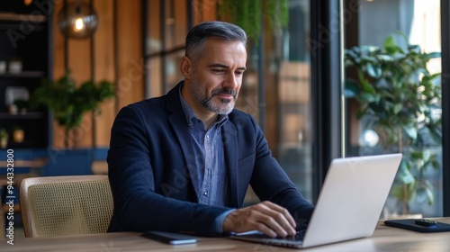 Businessman using laptop while sitting at table in office