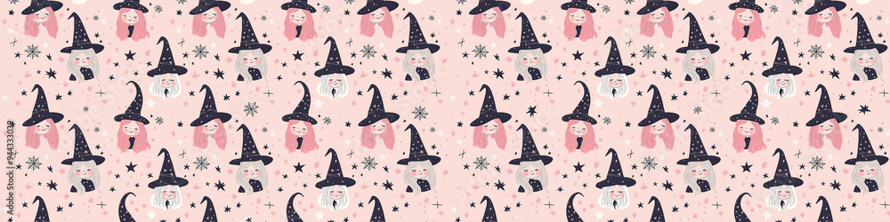 Pattern with cute witches and a soft pink background. Halloween concept. Pattern with cute witches and a soft pink background. Halloween concept.