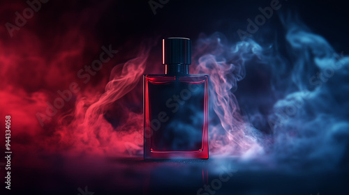 Wallpaper Mural commercial photography, a spirals of smoke dance in the air around a black matte perfume bottle placed on a black matter, slightly tilted perspective, dark red and blue, dark BG, shot with hasselblad  Torontodigital.ca