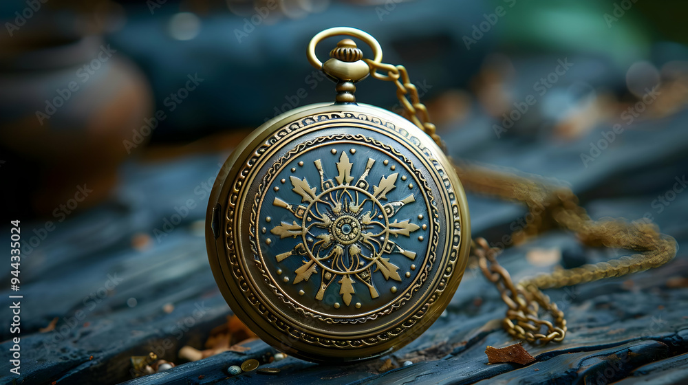 Ornate Gold Pocket Watch with Chain on Dark Wooden Background - Realistic Image Ornate Gold Pocket Watch with Chain on Dark Wooden Background - Realistic Image