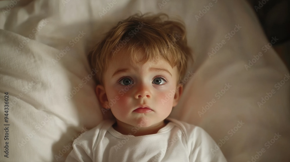 Child Can't Sleep. Unhappy Baby Sits in Bed with Sad Look. Bedtime Routine for Moody Kids Child Can't Sleep. Unhappy Baby Sits in Bed with Sad Look. Bedtime Routine for Moody Kids