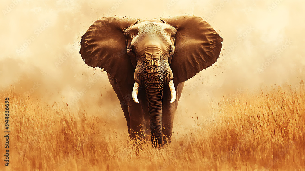 Obraz premium A realistic painting of an elephant in the savannah, capturing the intricate textures of its skin and the warm tones of the landscape, set against a soft, blurred background.