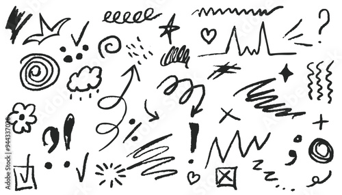 Collection fun doodle shapes drawn with charcoal or chalk. Charcoal pen liner doodle elements, crown, emphasis arrow, speech bubble, scribble. Vector comic doodle style isolated on white background